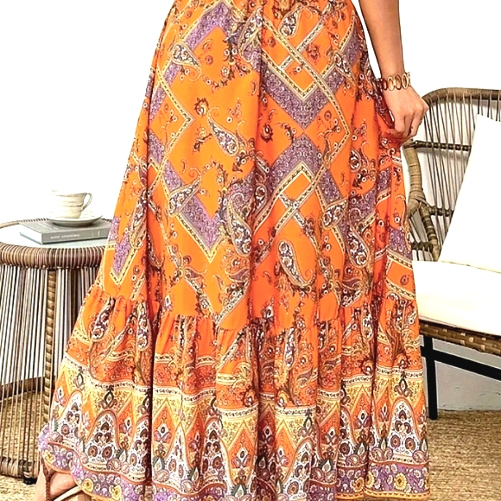 Maxi Skirt Orange Paisley Bohemian Style Fall Colors Skirts Outfit - Picture 4 of 8